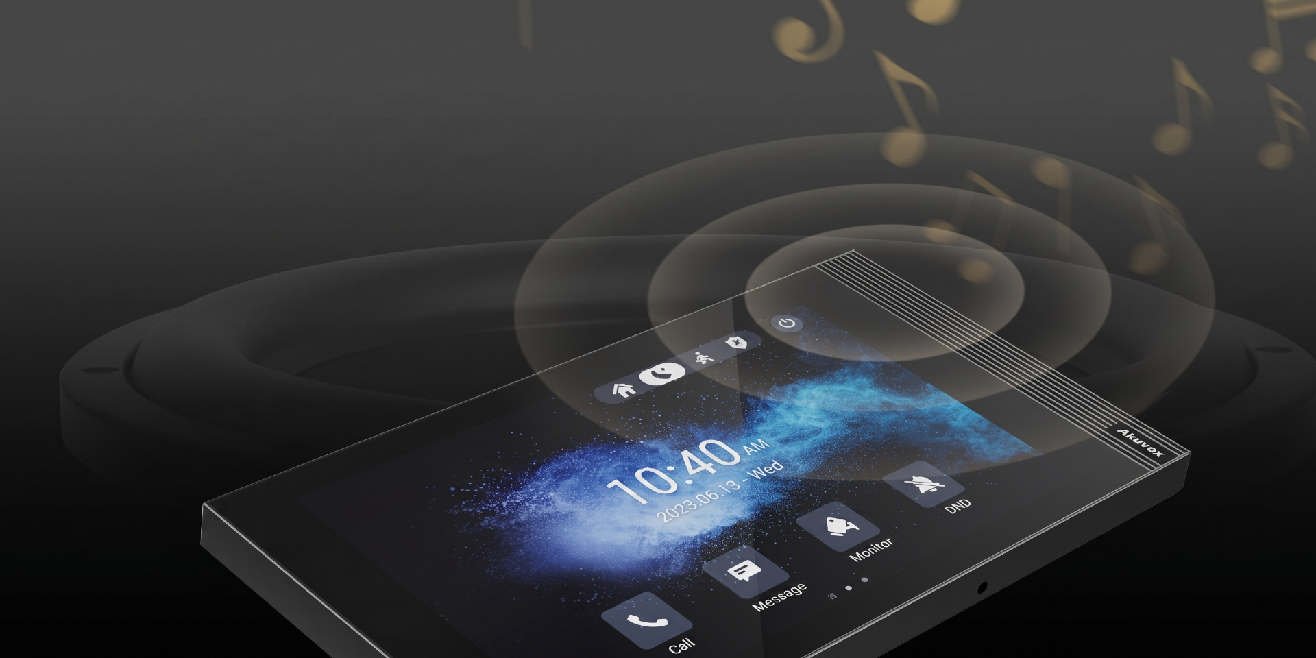 Dotykový displej Akuvox S562 s časom a ikonami pre volanie, správy a monitoring, s vysokým rozlíšením 1024x600 a kvalitným zvukom, ideálny pre inteligentné budovy.