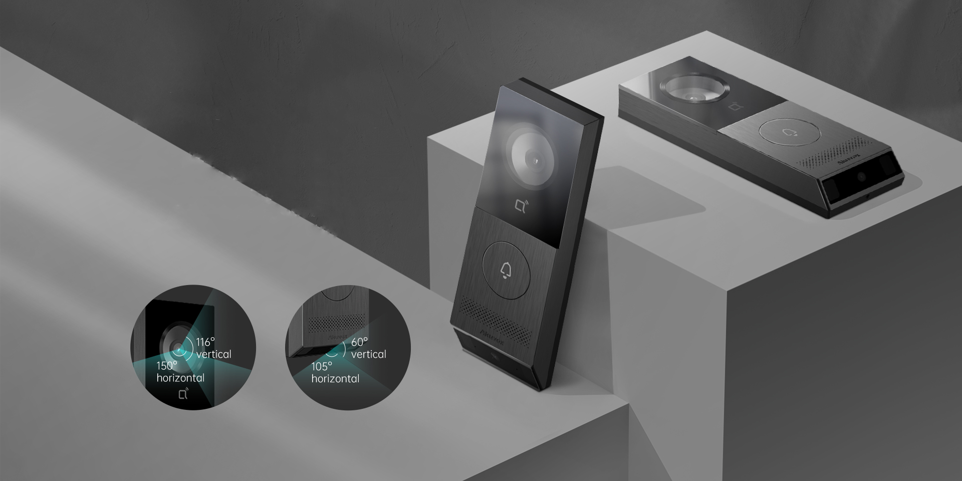 Detailný prehľad duálneho kamerového systému interkomu Akuvox X910: Hlavná 5 MP kamera s ultra-širokým uhlom záberu 150° (H) / 116° (V) a sekundárna kamera s uhlom 105° (H) / 60° (V) pre kompletné pokrytie priestoru bez mŕtvych uhlov.