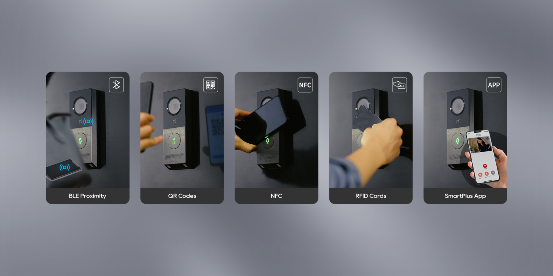 Prehľad metód kontroly vstupu pre Akuvox X910: Bezdrôtové odomykanie cez Bluetooth (BLE Proximity), skenovanie QR kódov, priloženie smartfónu cez NFC, použitie RFID kariet a vzdialené otvorenie dverí pomocou mobilnej aplikácie SmartPlus App.