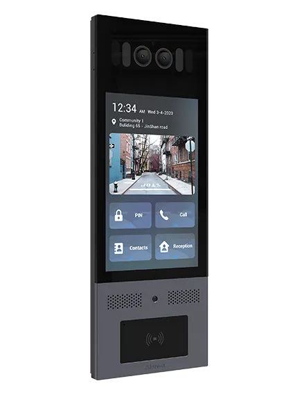 Prémiový inteligentný dverný interkom Akuvox X915 z brúsenej nehrdzavejúcej ocele s 8-palcovým dotykovým displejom, integrovanou RFID čítačkou a duálnou kamerou pre biometrické rozpoznávanie tváre.