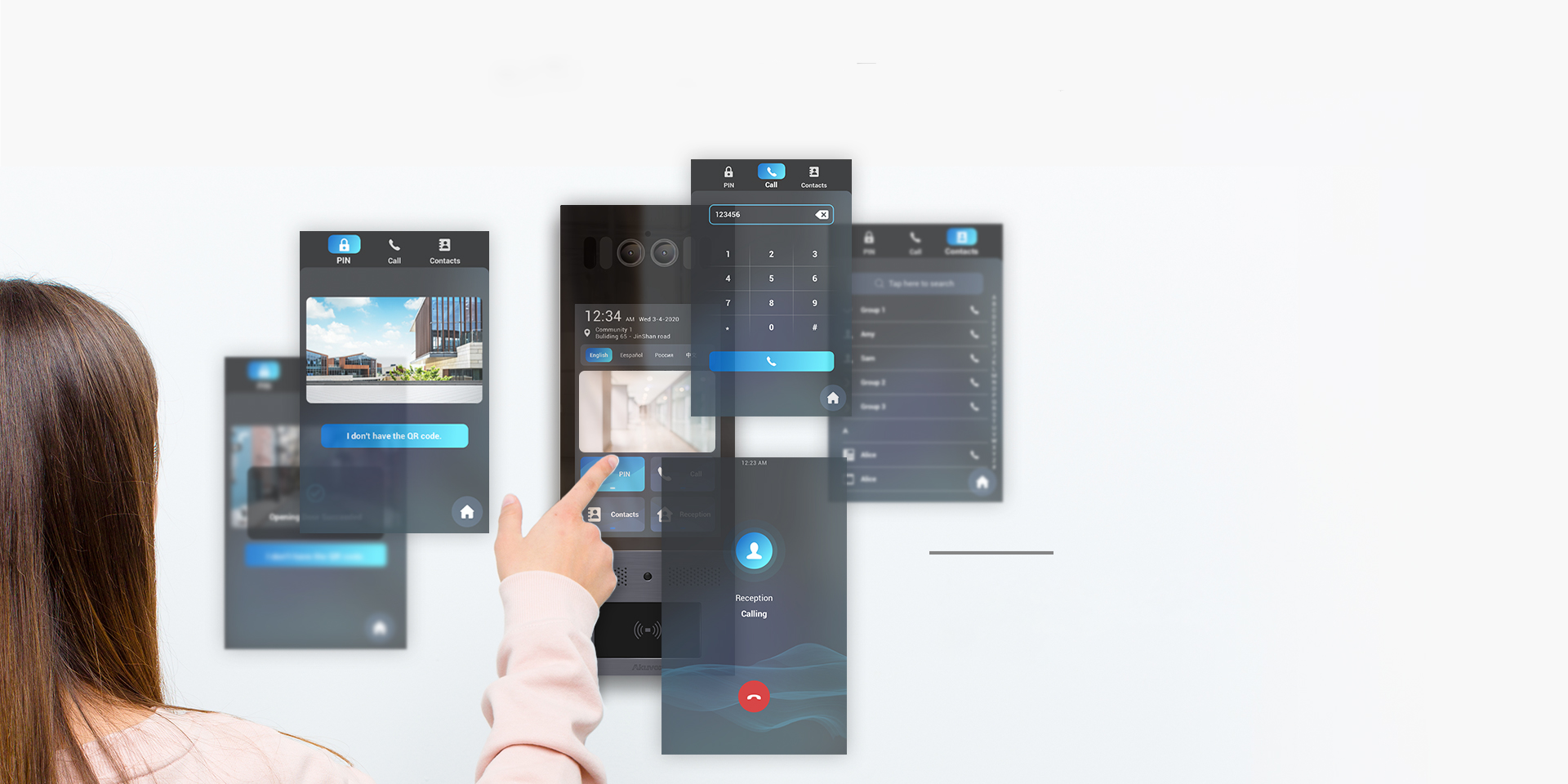 Ukážka intuitívneho používateľského rozhrania interkomu Akuvox X915 na 8-palcovom dotykovom displeji, ktoré umožňuje prístup ku všetkým dôležitým funkciám, ako je PIN kód, adresár kontaktov či recepcia, na maximálne 3 kliknutia.