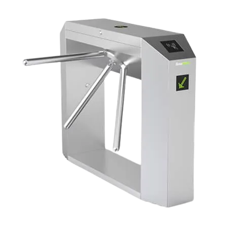 Strieborný prístupový turniket DS 103 s troma rotačnými ramenami z nehrdzavejúcej ocele, vybavený čítačkou kariet a displejom na kontrolu prístupu, ideálny pre vstupy do budov a areálov.