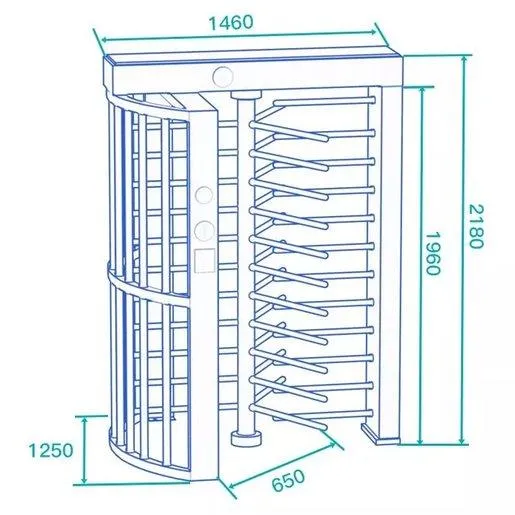 Technický výkres celotelového prístupového turniketu DS411 s detailnými rozmermi: výška 2180 mm, šírka 1460 mm a hĺbka 650 mm, zobrazujúci jeho robustnú konštrukciu s vertikálnymi barmi a mechanizmom rotácie pre kontrolu prístupu.
