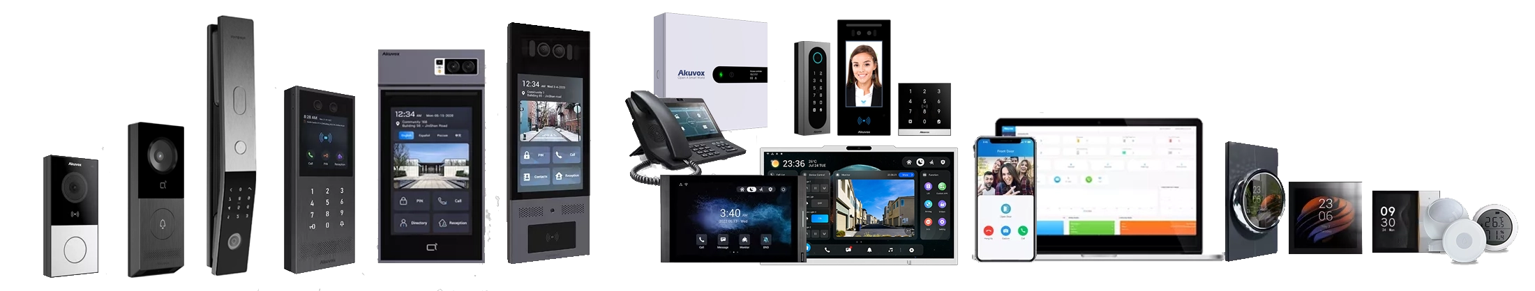 Komplexné portfólio inteligentných riešení Akuvox: Prehľad produktov od prémiových dverných interkomov s rozpoznávaním tváre, interiérových SIP monitorov s Androidom, až po softvérové platformy, mobilnú aplikáciu a IoT príslušenstvo pre smart home.