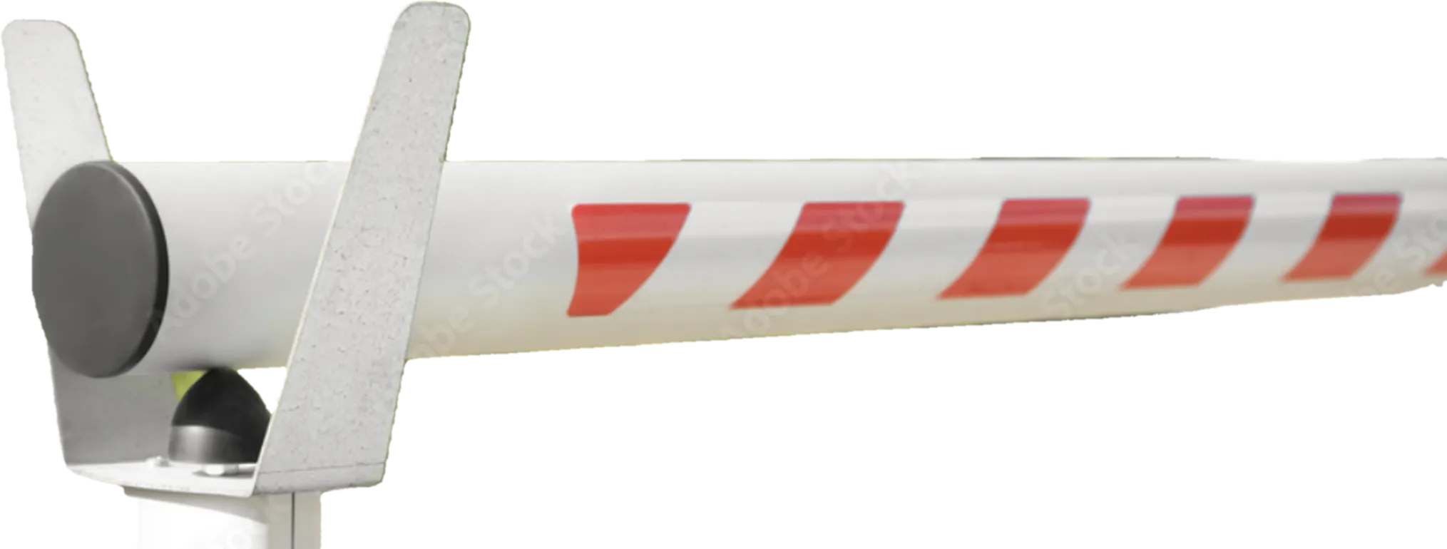 Detailný pohľad na zatvorené rameno automatickej parkovacej rampy s bielo-červeným reflexným značením a čiernym zakončením, demonštrujúci kontrolu prístupu vozidiel na parkovisko.