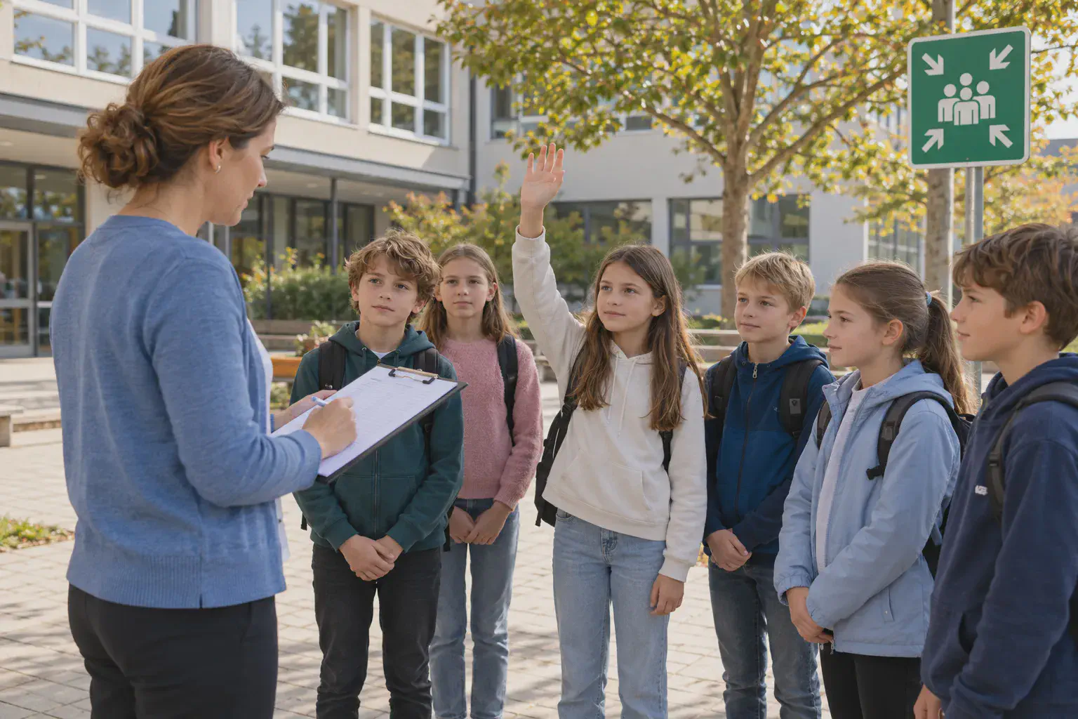 Učiteľka kontroluje prítomnosť žiakov podľa zoznamu na evakuačnom zhromaždisku.