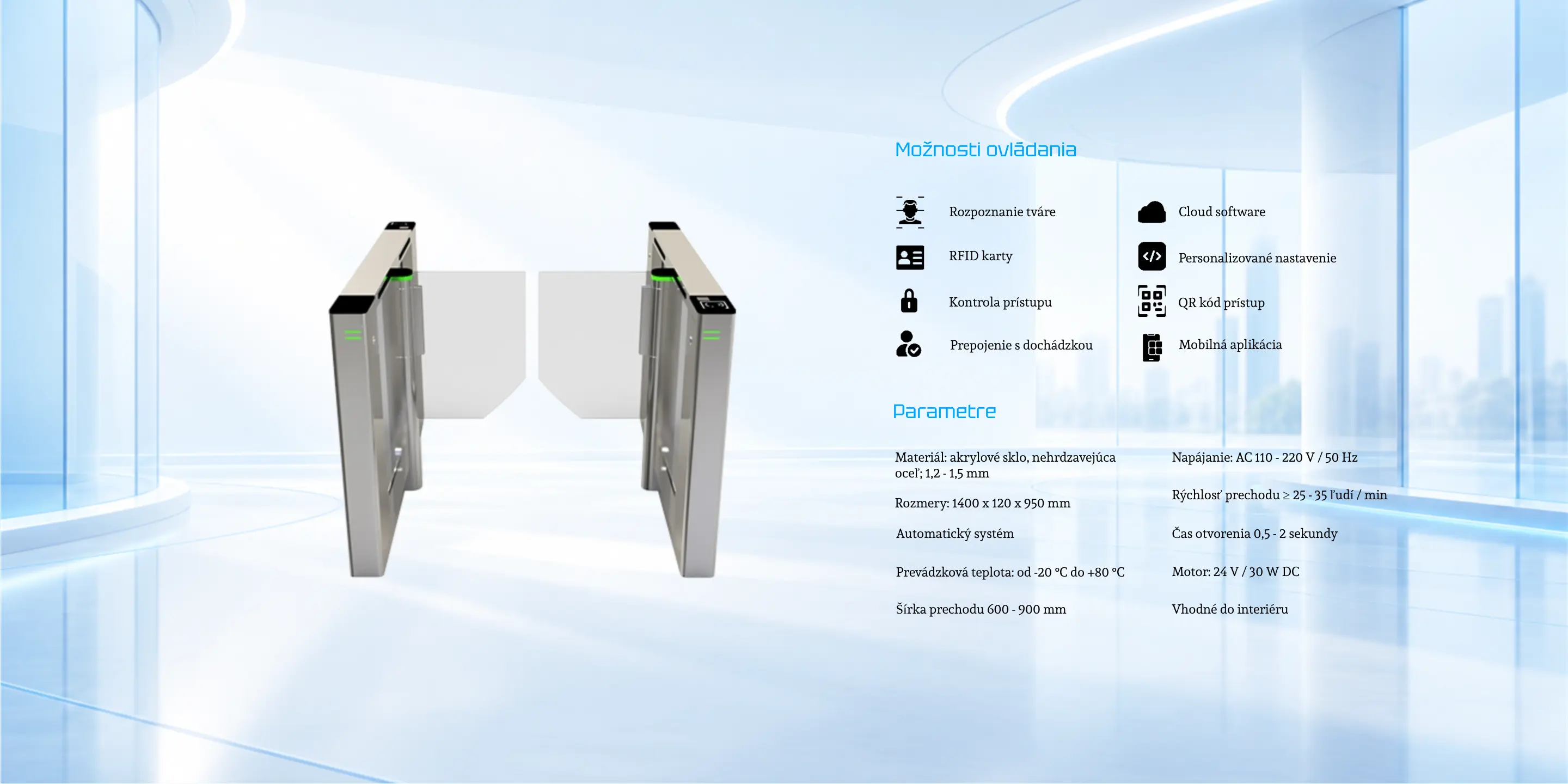 Bezuhlíkový rýchlobránkový turniket T-SG-114 a zoznam technických parametrov v modernom interiérovom dizajne