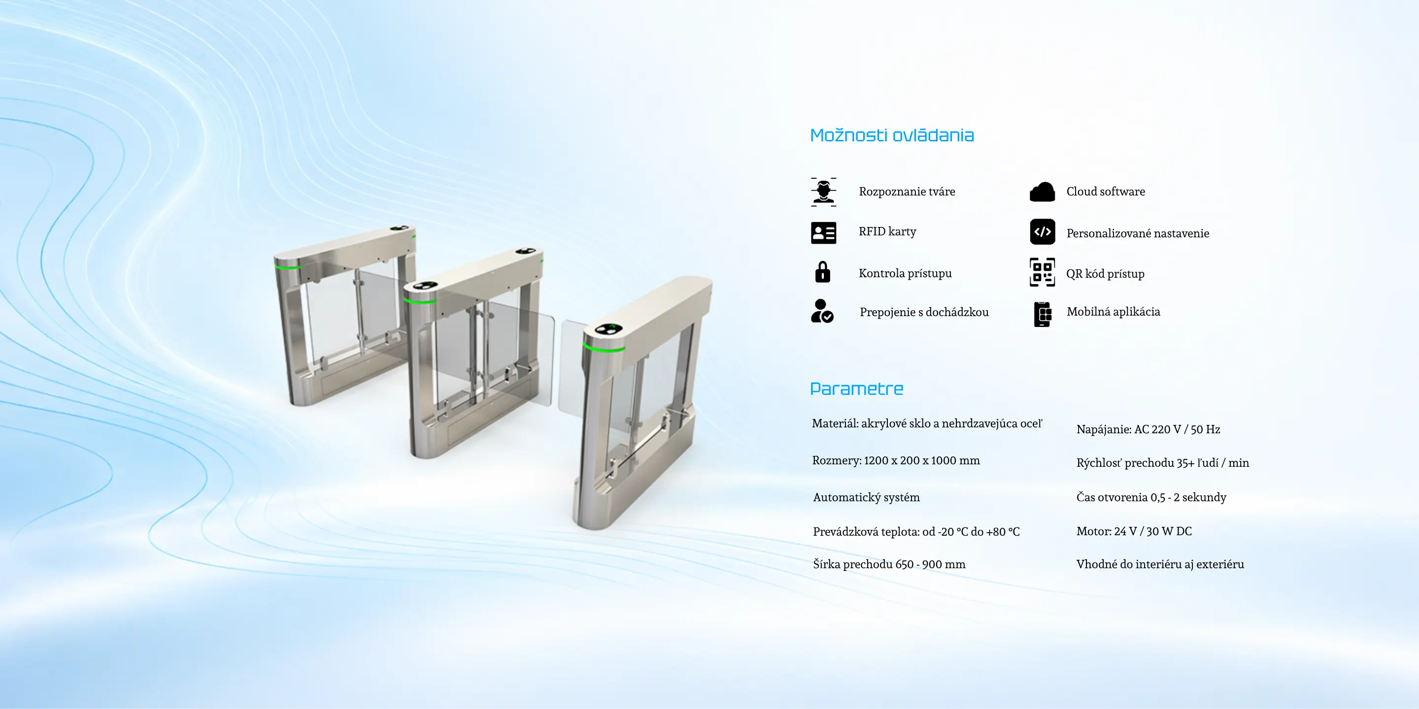 Dvojité krídlové prístupové bránky s akrylovým sklom, dostupná možnosťou ovládania RFID, prístupovej kontroly a QR kódom.