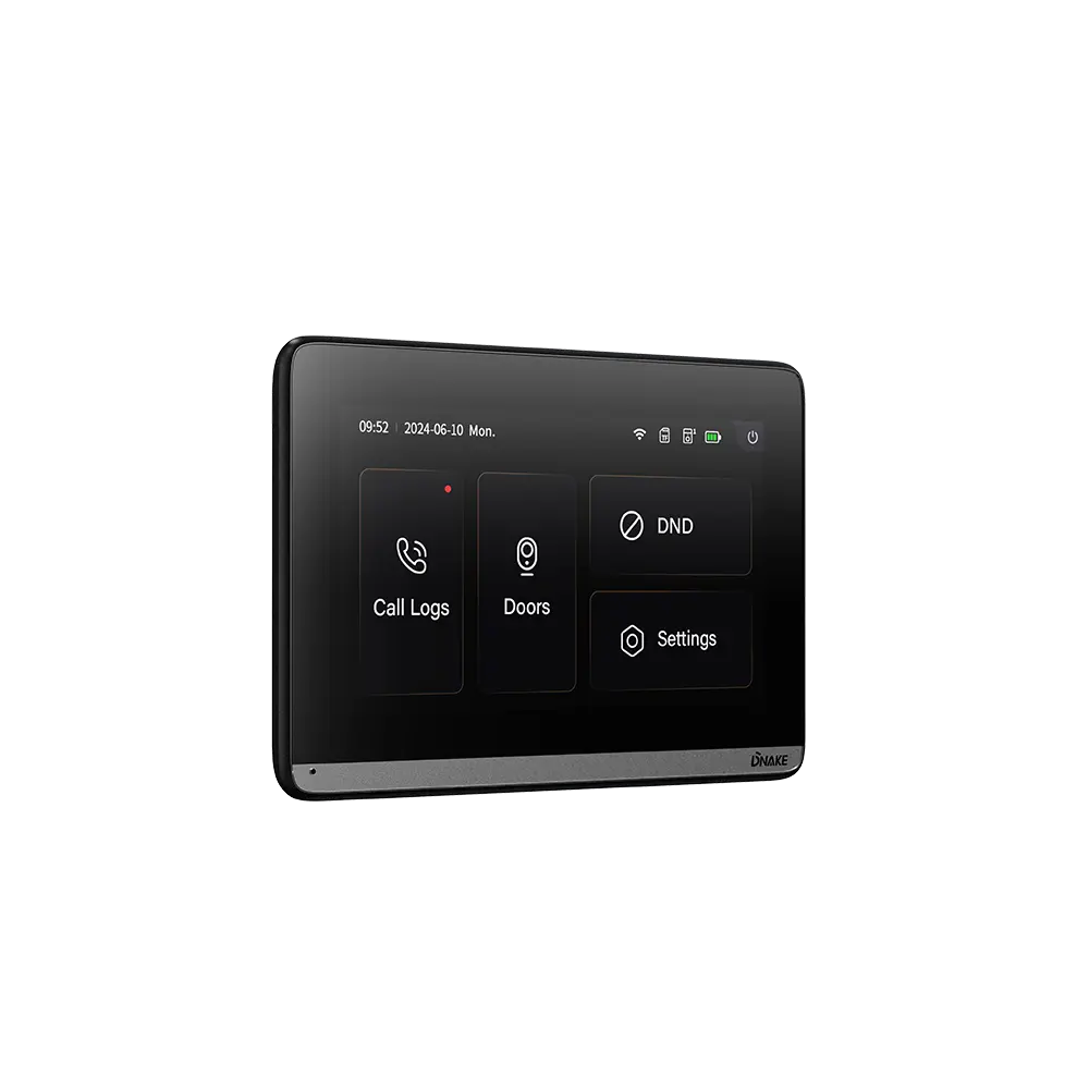 Šikmý pohľad zľava na 7-palcový dotykový monitor DNAKE DM60W zo súpravy DK360W