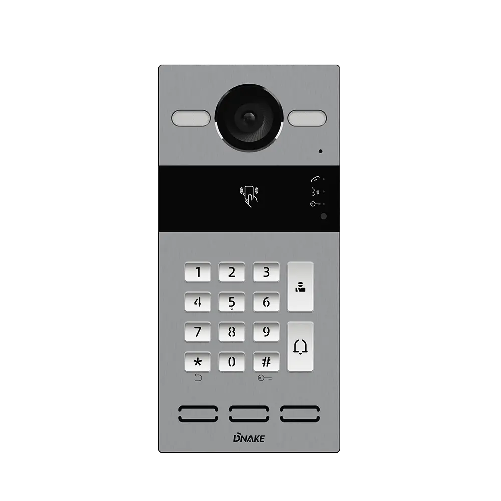 Čelný pohľad na 2-vodičový videovrátnik DNAKE S103K s kamerou, mechanickou PIN klávesnicou a RFID čítačkou
