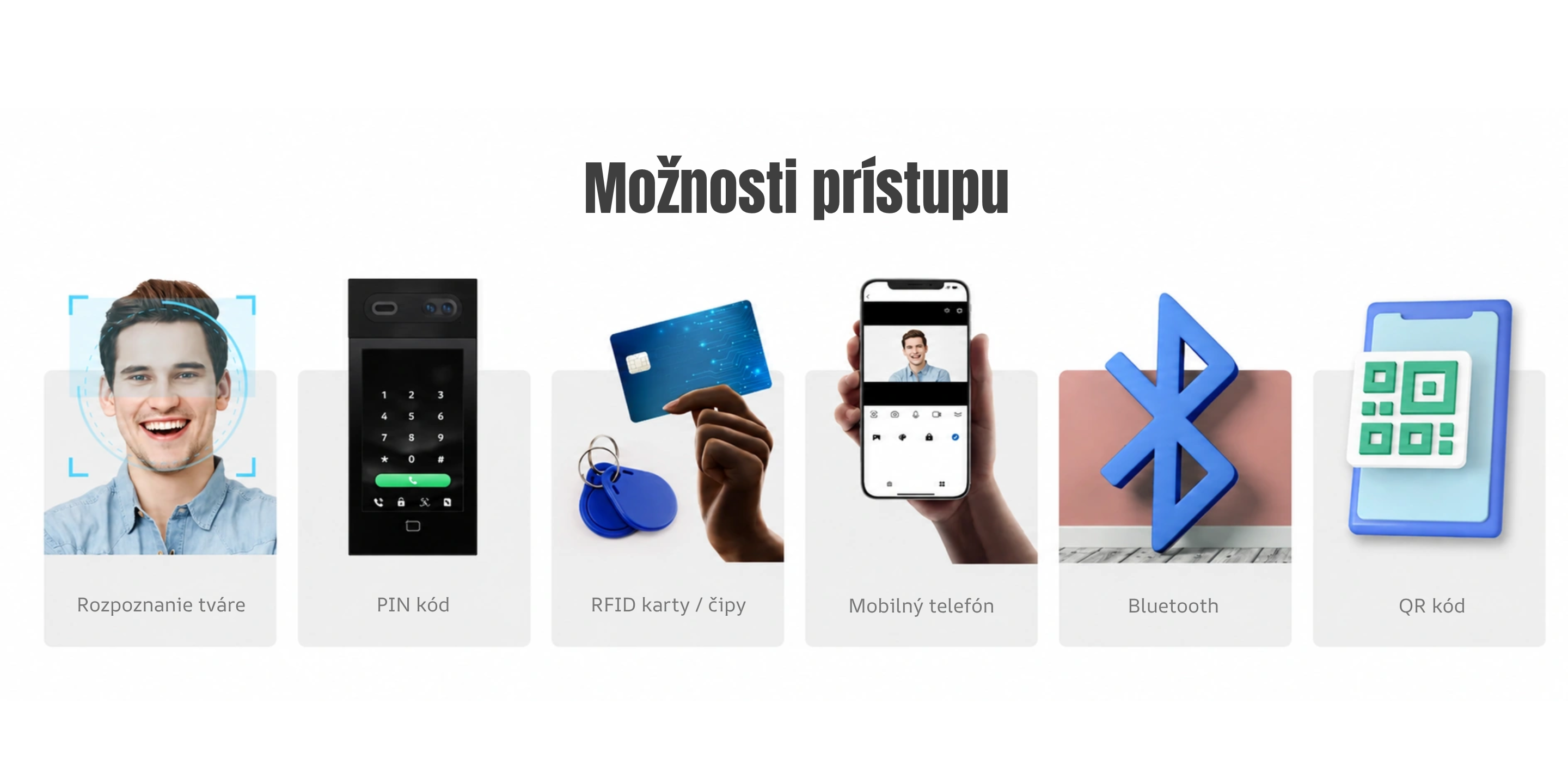 Možnosti vstupu cez Dnake S617: tvár, PIN, RFID karta alebo čip, mobilná aplikácia, Bluetooth a QR kód