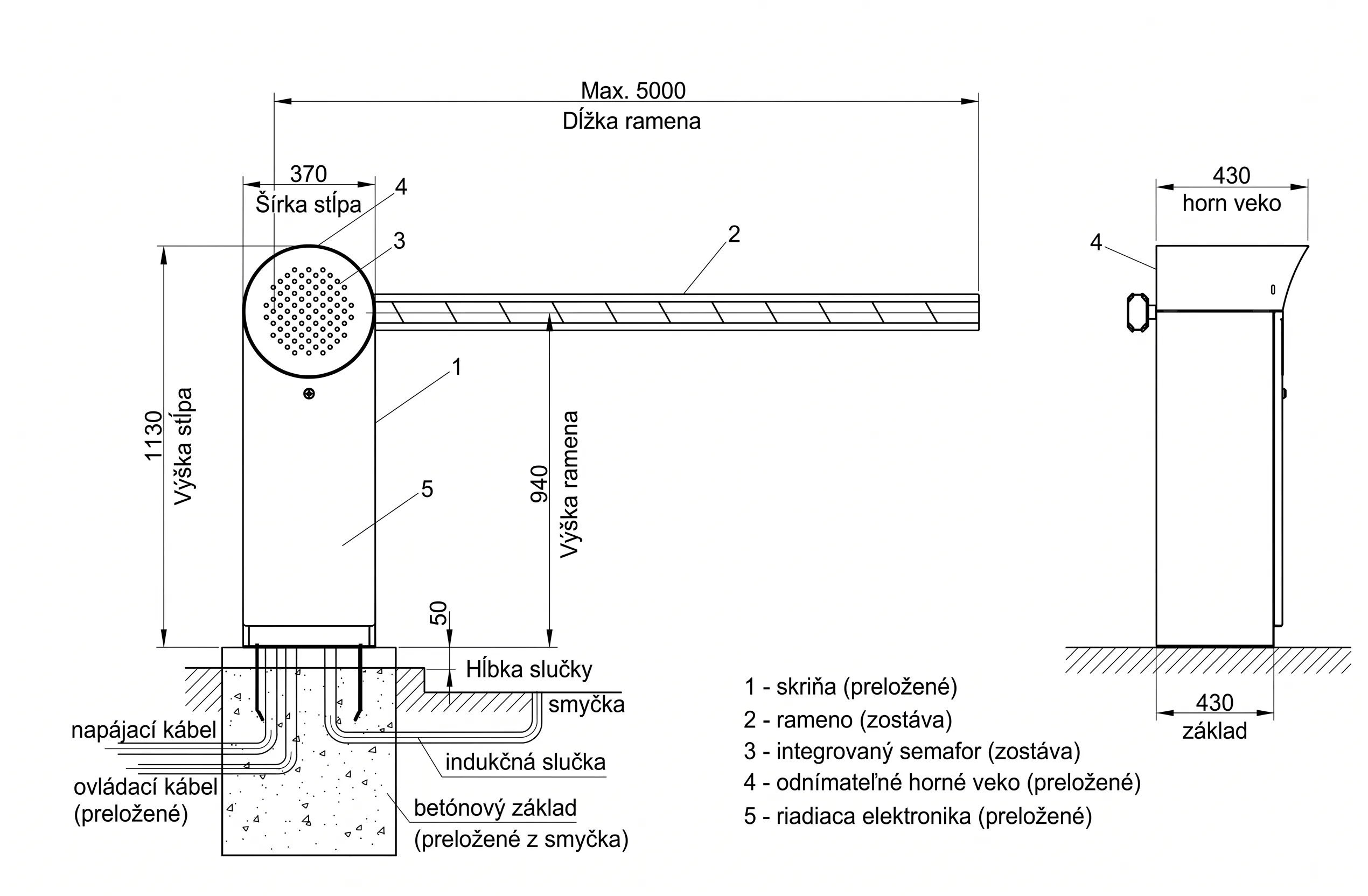 Technický výkres automatickej parkovacej závory Park S s detailnými rozmermi, označenými komponentmi ako skriňa, rameno, integrovaný semafor, odnímateľné horné veko a riadiaca elektronika, vrátane zobrazenia betónového základu, indukčnej slučky a napájacích káblov, s maximálnou dĺžkou ramena 5000 mm.