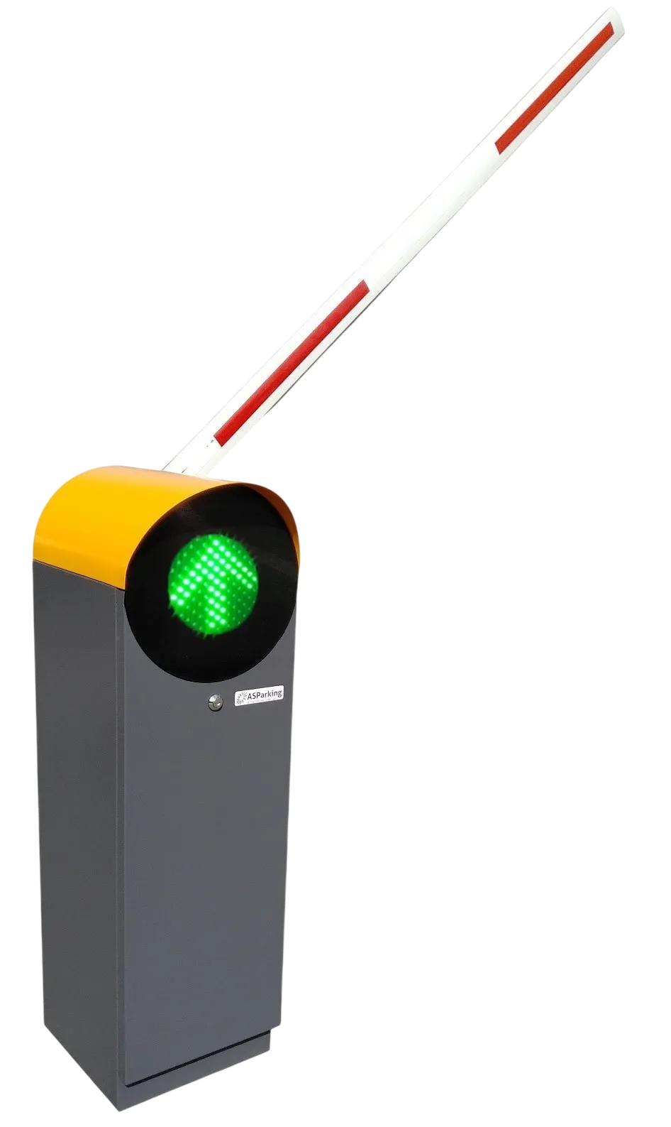 Automatická parkovacia závora Park S v jasnej oranžovej farbe s čiernym kruhovým panelom a bielym ramenom s červenými reflexnými pruhmi, s piktogramami na ovládacom stĺpiku, určená pre riadenie prístupu na parkoviská a súkromné pozemky.