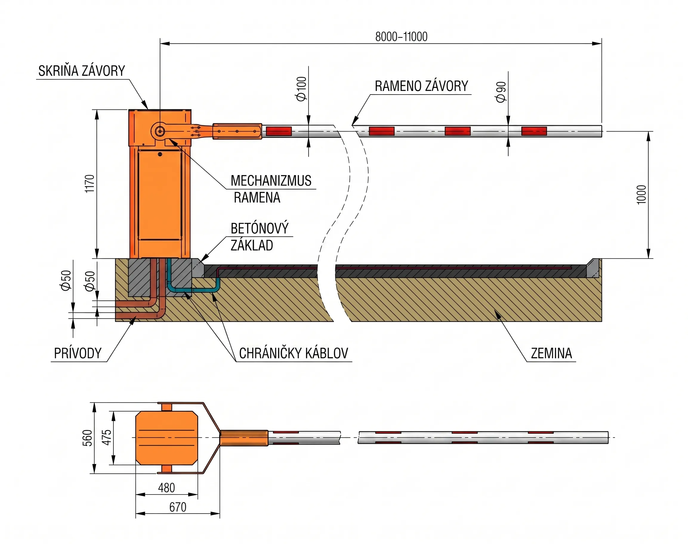 Technický výkres automatickej závory RB-53 s dlhým ramenom, zobrazujúci detaily skrine závory, mechanizmu ramena, betónového základu, prívodov a chráničiek káblov, s rozmermi ramena od 8000 do 11000 mm a celkovou výškou 1170 mm, pre presnú inštaláciu.